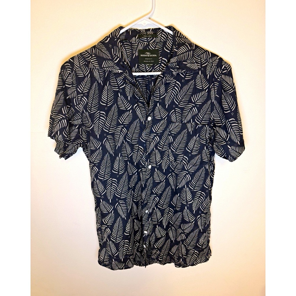 Rodd & Gunn Shirt Mens Small 100% Linen Navy Leaf Print Sports Fit Italian